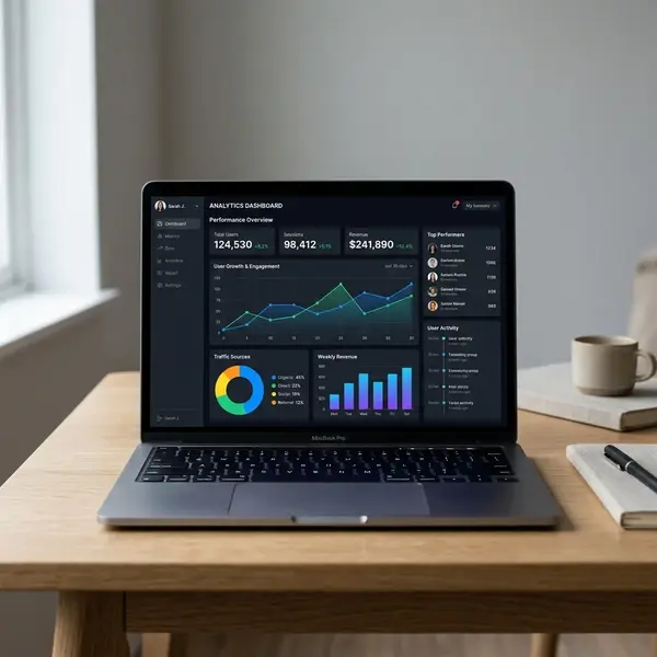 A high-end professional UI/UX dashboard mockup displayed on a sleek modern laptop mockup