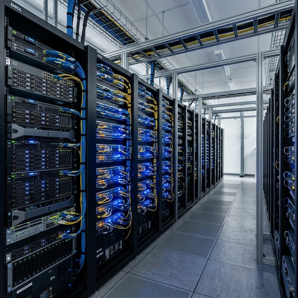 A real-life photograph of high-performance enterprise server racks in a datacenter with status lights