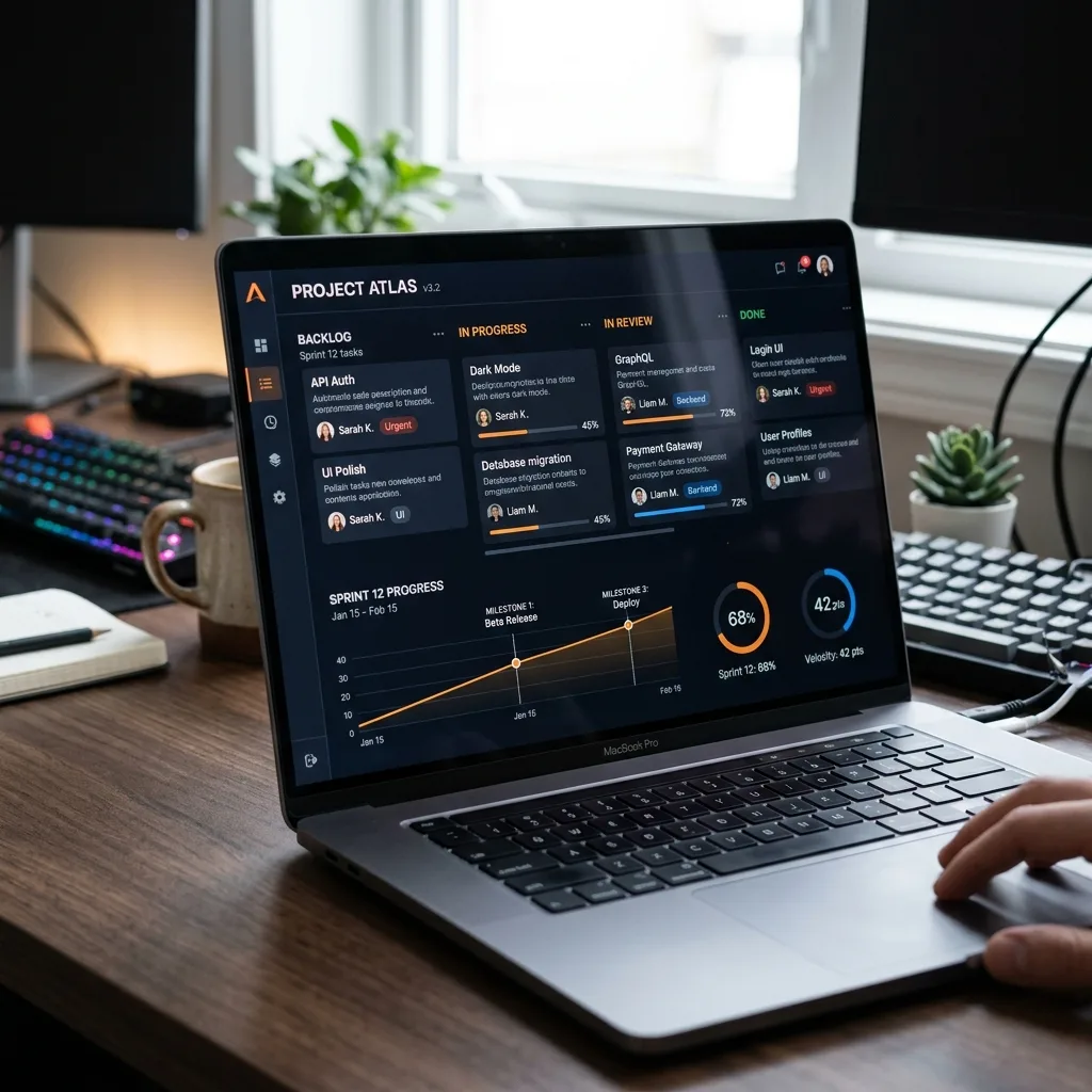 A real-life project workflow board showing sprint milestones, tasks, and progress indicators on a laptop screen